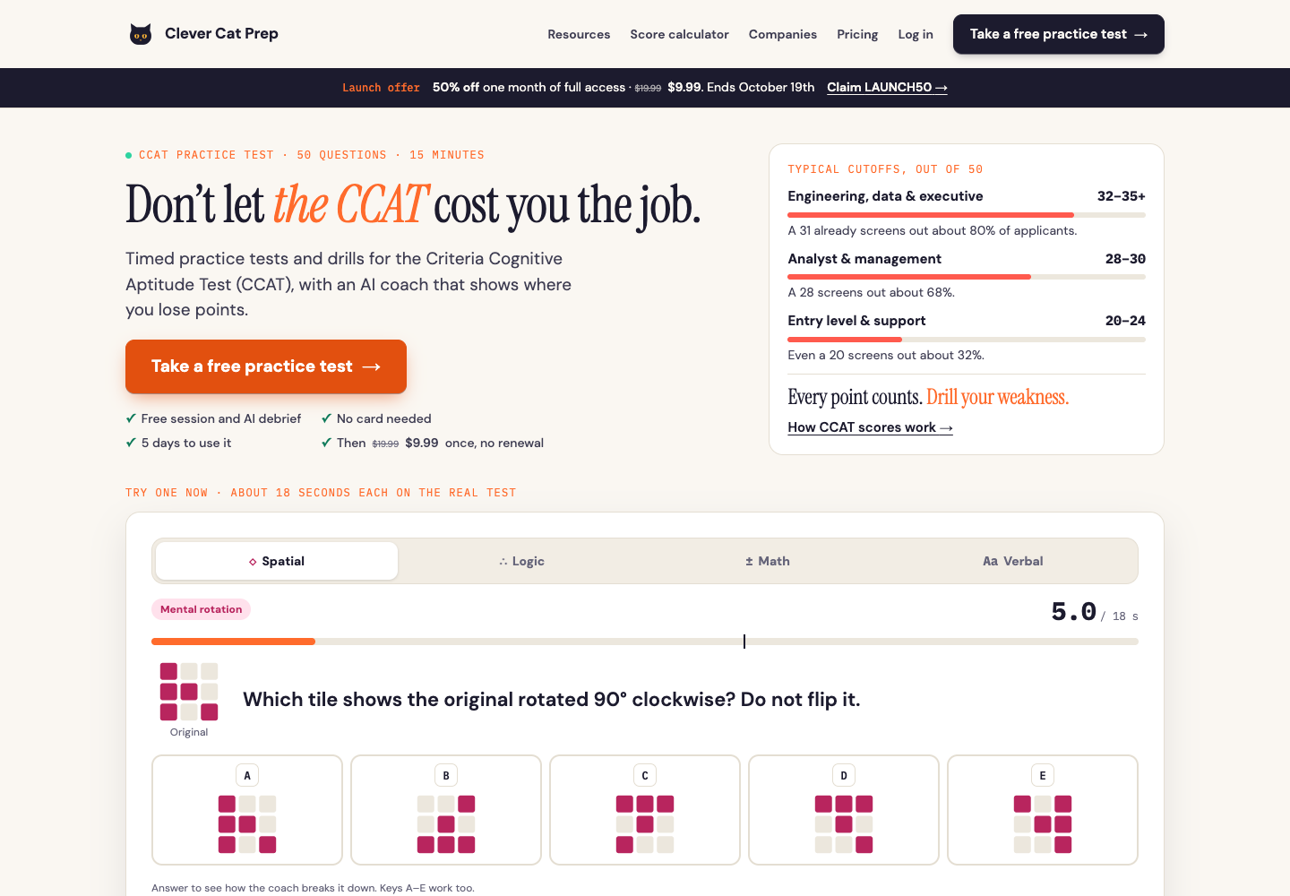 Clever Cat Prep homepage with timed CCAT practice and a sample spatial question