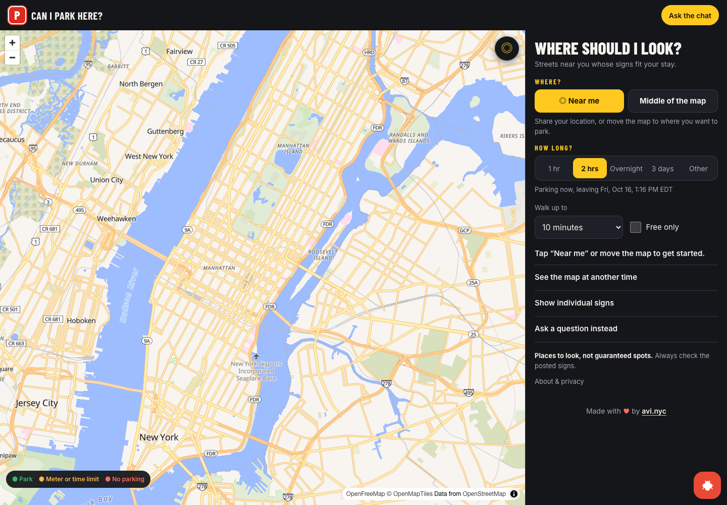 Free Parking NYC map with nearby street parking rules and a parking search sidebar